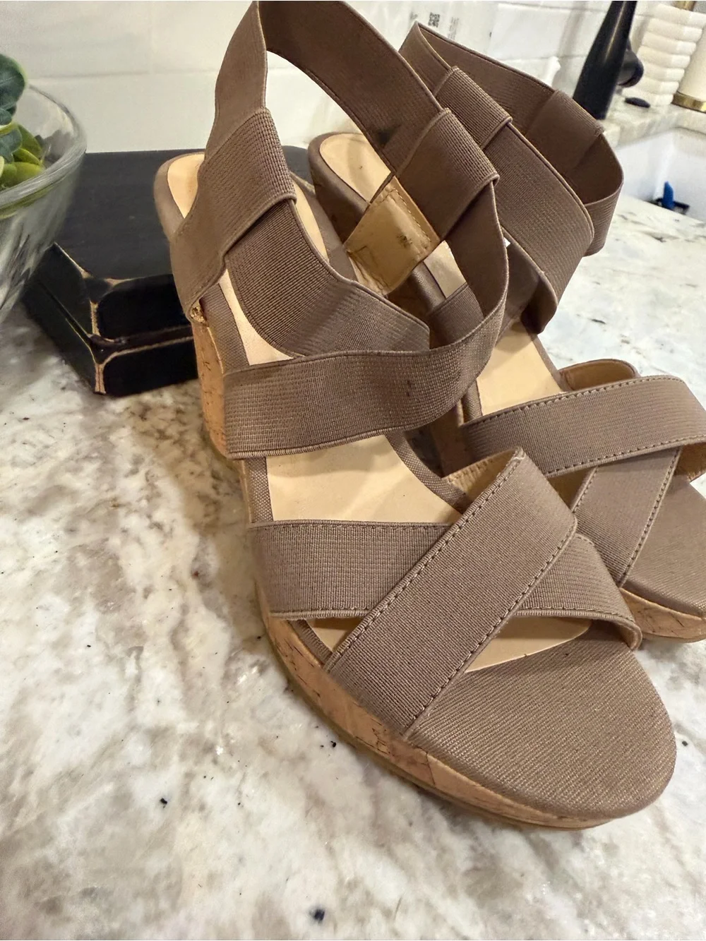 CL by Laundry Taupe Elastic Crisscross Cork Wedge Sandals